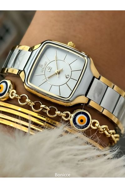 Reward Brand Steel Cord Yellow/Silver Square Case Women's Wristwatch+Nazar Beaded Bracelet Gift