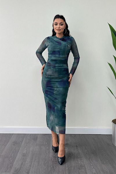giyimmasalı Turquoise Pencil Dress - Tulle Fabric, Drape Detailed
