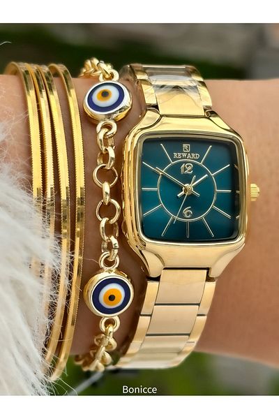 Reward Brand Steel Cord Green Dial Square Case Women's Wristwatch + Nazar Beaded Bracelet Gift