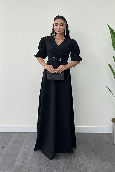 giyimmasalı Φόρεμα Maxi με μανίκια από ύφασμα κρεπ με μαργαριταρένια λεπτομέρεια - ΜΑΥΡΟ