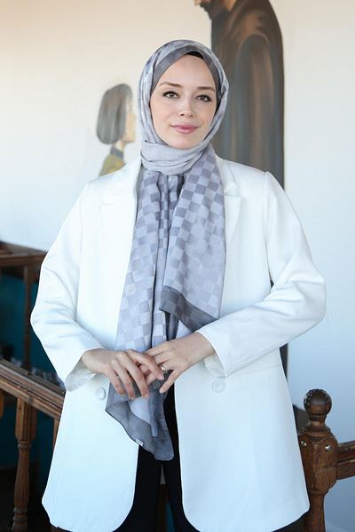 Hint İpek Checkerboard Patterned Monogram Shawl Monov03-27