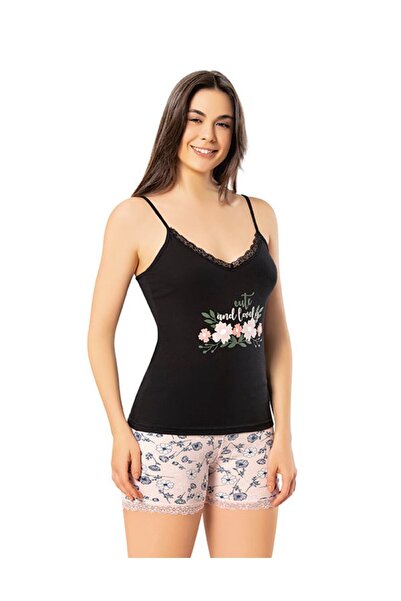 KOTA Kadın Likralı İp Askılı Atlet Şort Gecelik Takım Baskılı