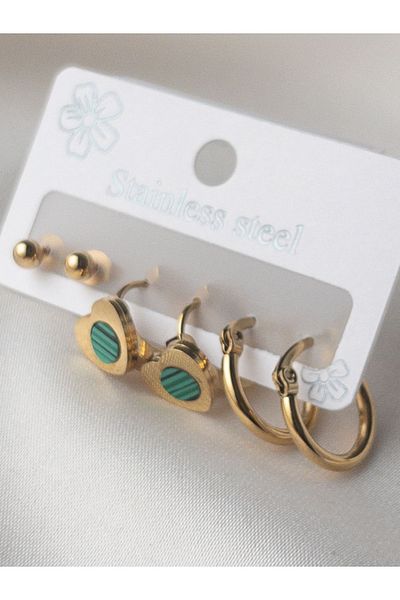 Siya Silver Pearlescent Heart Hoop Top Model Gold Color Tarnish Stainless 3 Pairs Steel Women's Earrings