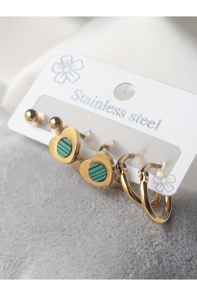 Siya Silver Sedefli Kalp Halka Top Model Gold Renk Kararmaz Paslanmaz 3 Çift Çelik  Kadın Küpe