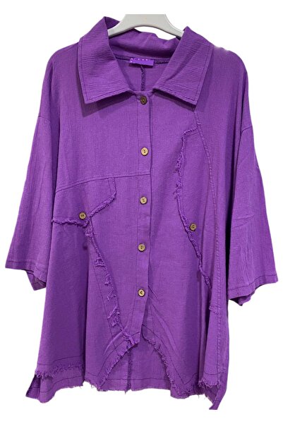 GÜL BUTİK Mor Renk Cep Kapak Modelli Düğme Kapamalı  Keten Gömlek