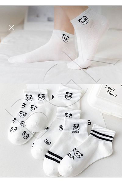 REYNBOO SOCKS 5 чифта дамски бели чорапи до глезена с шарка на панда, които могат да се перат