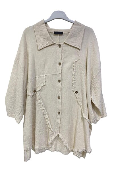 GÜL BUTİK Krem Renk Cep Kapak Modelli Düğme Kapamalı  Keten Gömlek