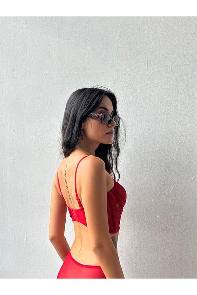 Cansoy Glittery Capless Red Bustier Suit (692t)