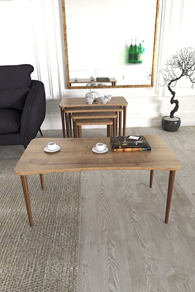 Zuesse Dizayn Aleyna 5li Orta Sehpa Ve Zigon Sehpa Ahşap Ayaklı Çay Kahve Sehpası Xl Salon Seti – Ceviz