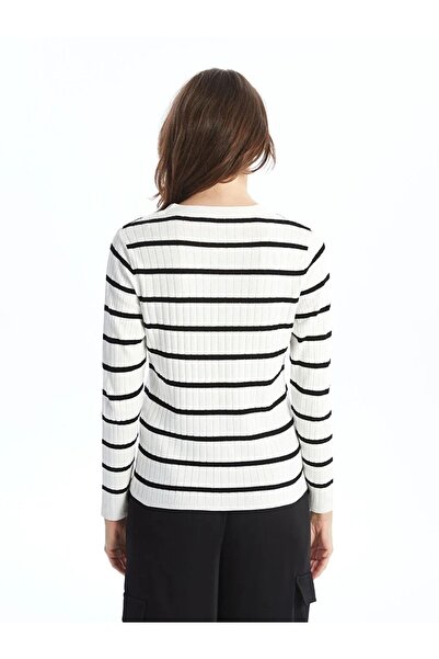 LC Waikiki Lcwaikiki Basic Ecru Striped V-Neck Striped Long Sleeve Women's Knitwear Sweater