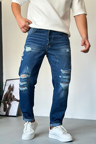 LUVEST ERKEK YIRTIK DETAYLI BOYFRİEND MAVİ JEAN KOT PANTOLON