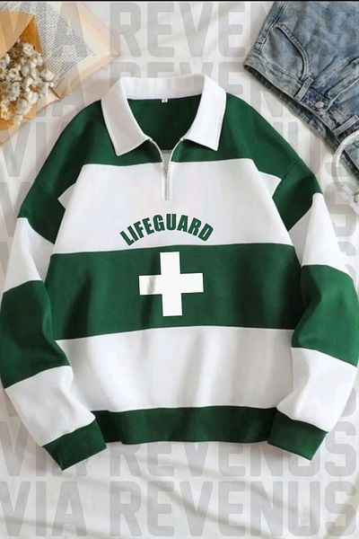 Vordevia Φούτερ Lifeguard / Lifeguard Printed Unisex Πράσινο Λευκό Ριγέ Φούτερ με μισό φερμουάρ