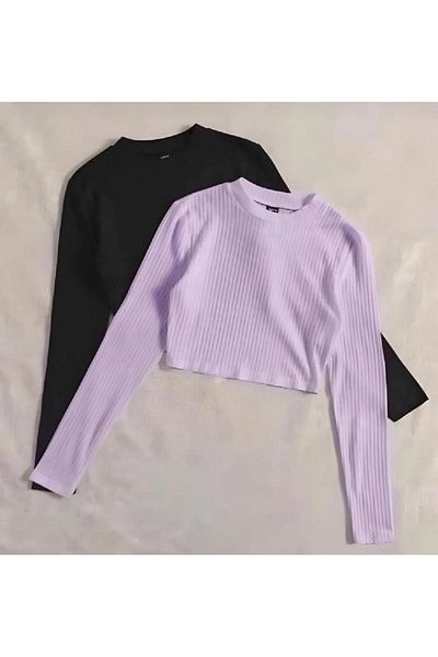 Lorya Giyim Pack of 2 100% Cotton Ribbed Camisole Long Sleeve Crop Blouse