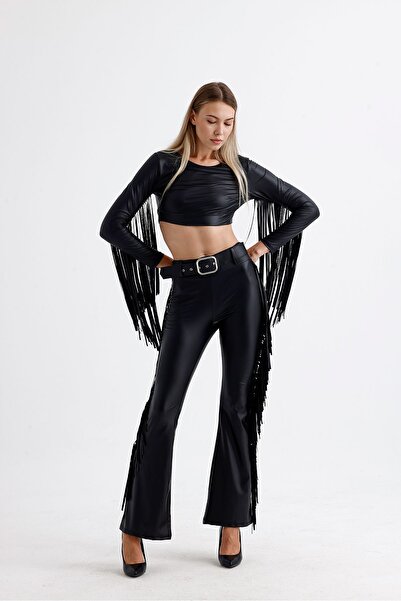 Sense Kemerli Püskül Detaylı Suni Deri Pantolon | Pnt35799 Siyah