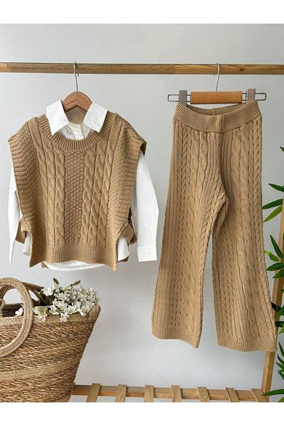 Butik White Knitwear Shirt and Brown Trousers Set - Girl