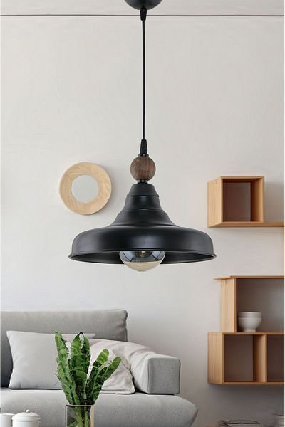 DEDE Black Single Cono Pointed Metal Pendant Lamp Chandelier Wooden