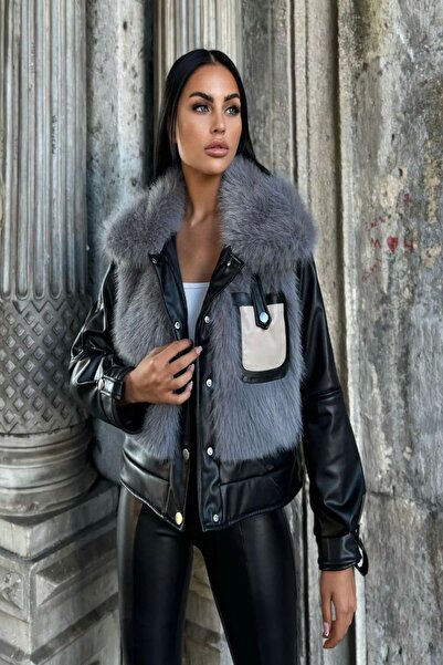 Lin Collection Buzunar de blană din piele neagră Model echivalent pentru femei