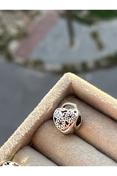 asaf Çiçekli kalp kilit boncuk charm | gümüş kaplama
