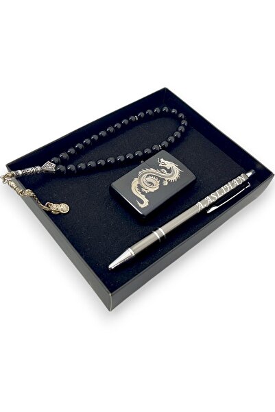 SürLaz 3 Parça Hediyelik Set Isme Özel Tükenmez Kalem Ejderha Desenli Benzinl...