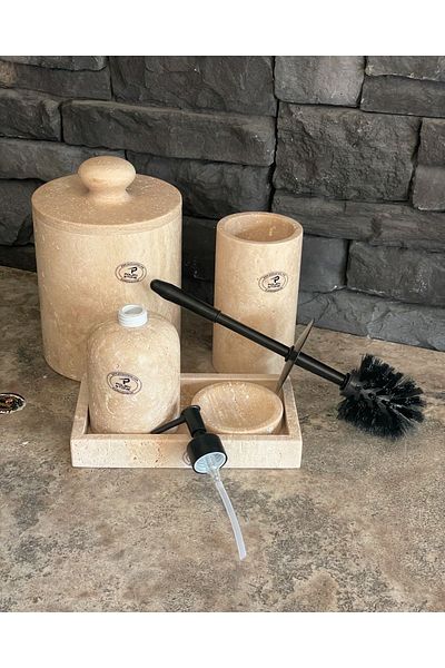 Polen Stone طقم حمام من 5 قطع مع صينية مستطيلة من الترافرتين