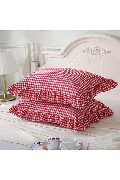 Erba kreasyon Frilly Pillowcase Gingham Pattern Frilly Pillow Case 2 Pieces