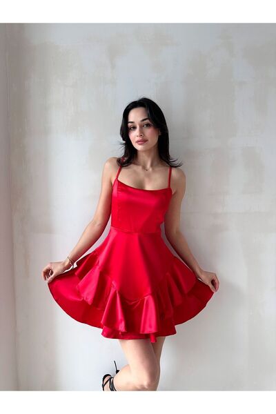 popibutik Eteği Volanlı Askılı Kırmızı Mini Saten Elbise
