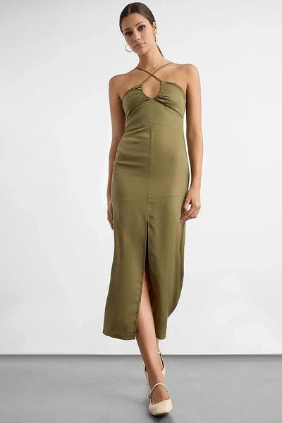 Hiccup Μίντι φόρεμα Bodycon με λαιμόκοψη μισού μήκους με σχισμή και ρυθμιζόμενη λεπτομέρεια από νήματα