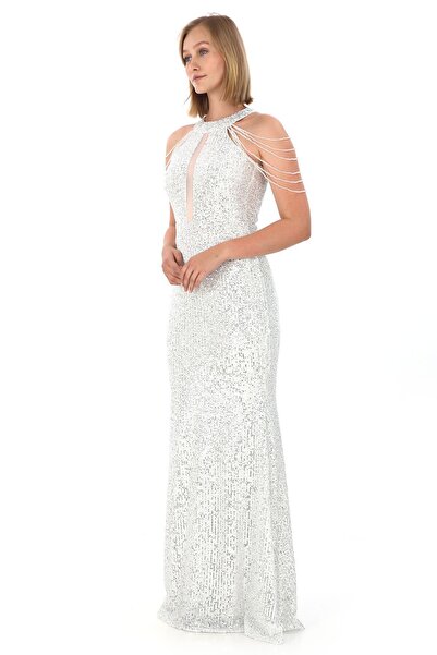 elissaa HALTER YAKA TAŞ DETAYLİ PUL PAYET ABİYE ELBİSE