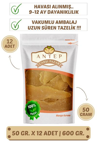 Antep Çarşı Pazar Mango Dried Fruit - 50 Gr. X 12 Pieces Vacuum Packaging