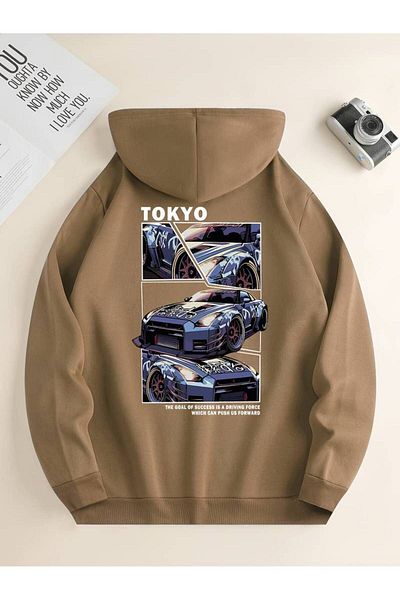 Keywest Tokyo GTR Printed Unisex Oversize φούτερ με κουκούλα - Χειμερινό φούτερ με κουκούλα 3 κλωστών 100% βαμβάκι