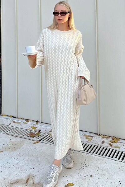 Ottawe Bisiklet Yakalı Saçörgü Doku Desen Uzun Bol Kol Relaxed Fit Midi Boy Oversize Yünlü Triko Elbise