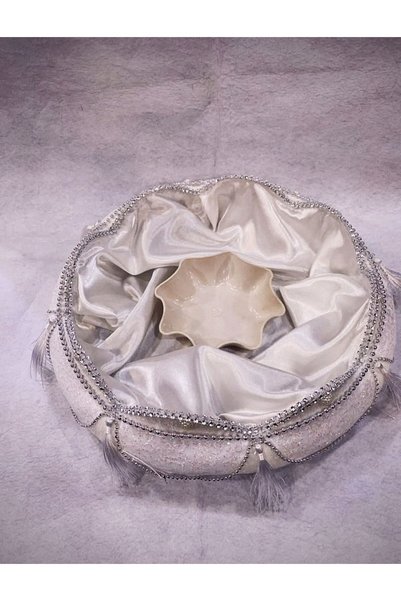 BİRCAN KINA 2-Piece White to Silver Tassel Henna Basket - for Engagement and Wedding