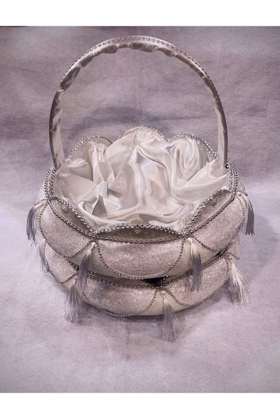 BİRCAN KINA 2-Piece White to Silver Tassel Henna Basket - for Engagement and Wedding