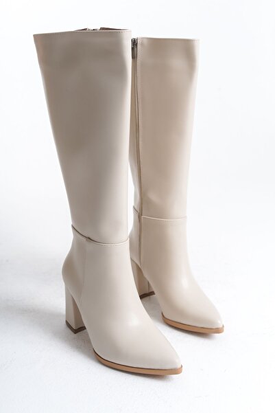 LEMUES SHOES Női bézs színű, cipzáras térdig érő sarkú csizma