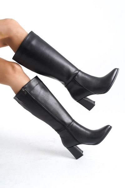 LEMUES SHOES Дамски черни ботуши с цип и ток до коляното
