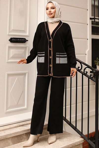 benguen 24116 Black Knitwear Set - Pocket and Cardigan