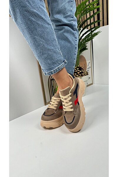 Allyup Дамски маратонки - тъмносиньо от норка, червено, с дебела висока подме...