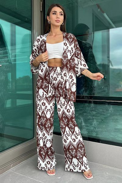 GÜLSELİ Brown Patterned Kimono Double Set