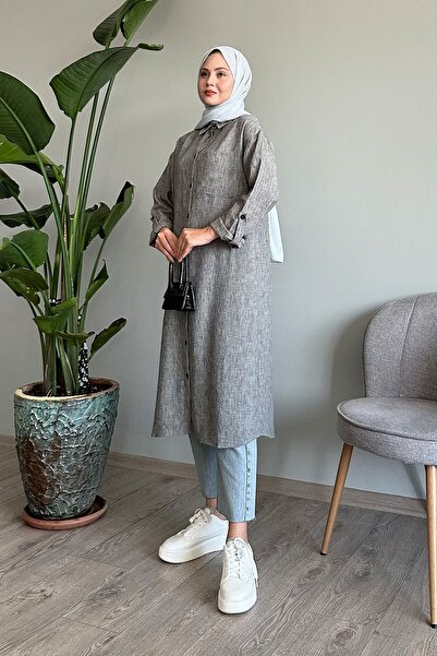 InStyle Long Gray Casual Shirt with Linen Pockets