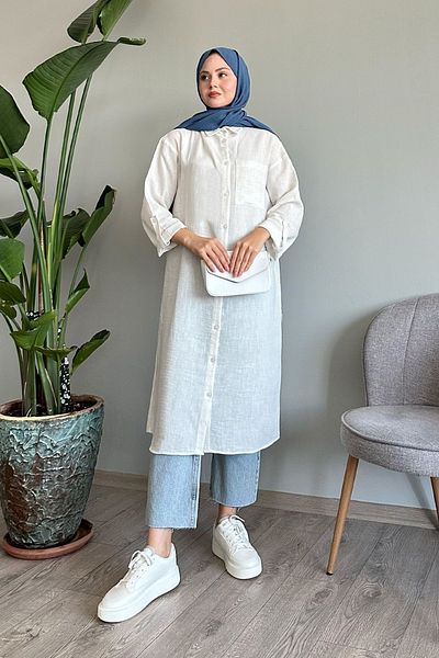 InStyle قميص كاجوال أبيض طويل بجيوب من الكتان