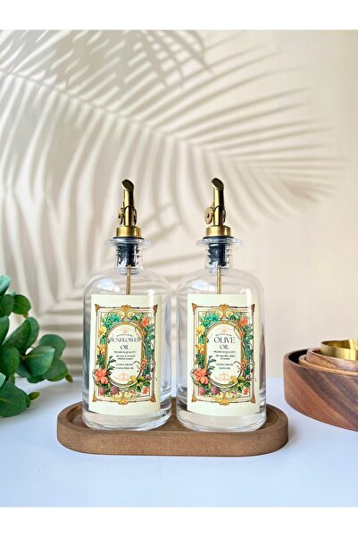 Mottogo Gold Başlıklı Ahşap Altlıklı Vintage Yağdanlık - 500 ml