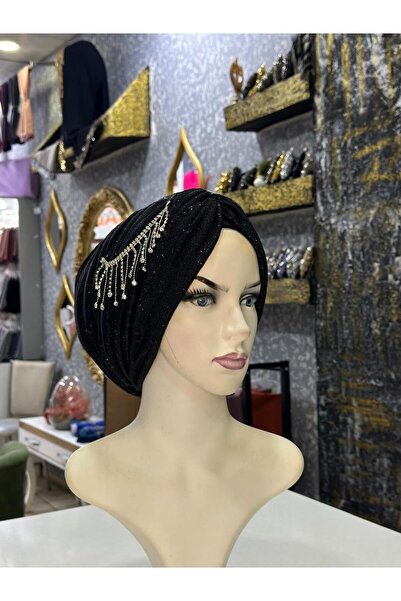 zagreus Kadın Siyah Kendinden Simli Taşlı Saçaklı Bone