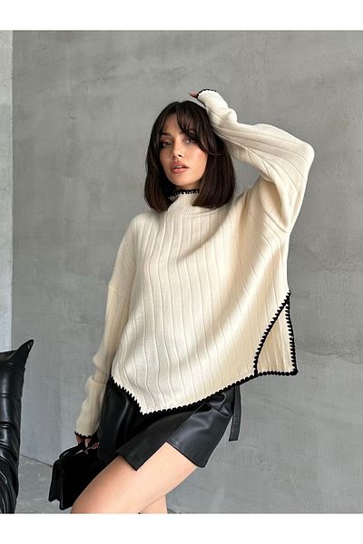 Elysira Pulover de damă din tricotaje cu fante laterale cu detaliu de broderie