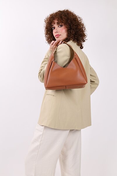 NOTHING Tan Faux Leather Women's Makeup Bag - Large Internal Compartment, Hand and Shoulder Bag E:33 L:15 W:10 cm