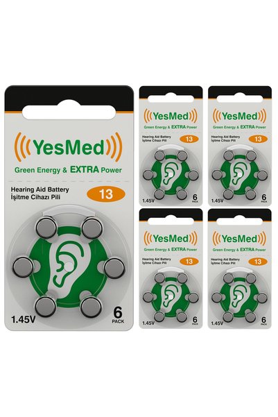 YesMed Extra Power 13 Numara Işitme Cihazı Pili (5 Paket X 6 Adet = 30 Adet Pil)