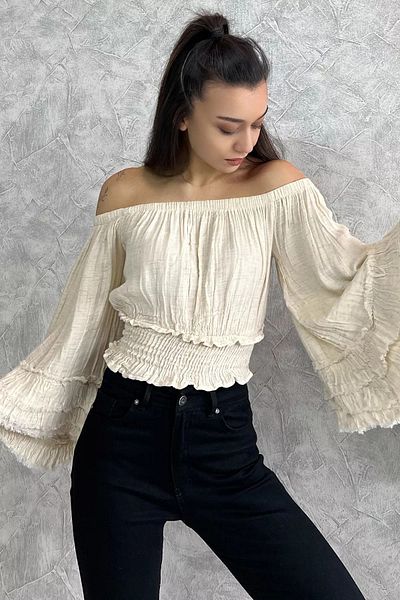 GÜLSELİ Ecru Waist Gathered Loose Cut μανίκια Φούντα Λεπτομερής Crop Top Γυναικεία μπλούζα