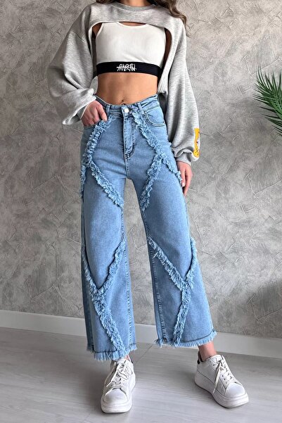 GÜLSELİ Blugi Palazzo Jean albastru deschis cu ciucuri cu talie înaltă
