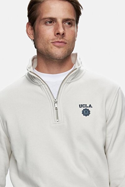 UCLA Leon Bej Yarım Fermuar Dik Yaka Nakışlı Standard Fit Erkek Sweatshirt