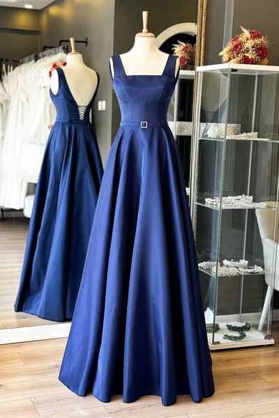 Lenta Moda Lacivert  Kare Yaka Işık Saten Maxi Boy Saten Abiye Ve Gece Elbisesi