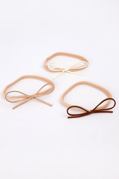 Le Mabelle Ecru Beige Brown Leather Bow 3-Piece Girls' Headband Set